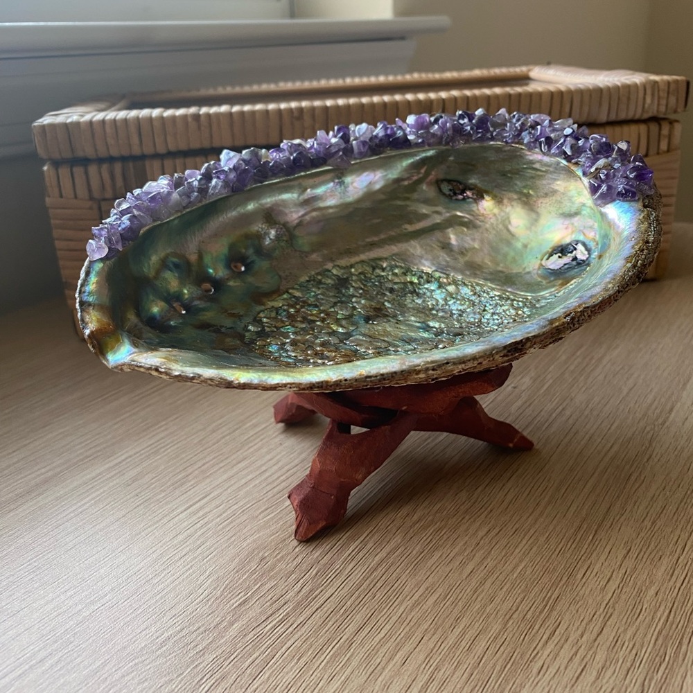 Handmade Large Abalone Shell Adorned with Amethyst Crystals